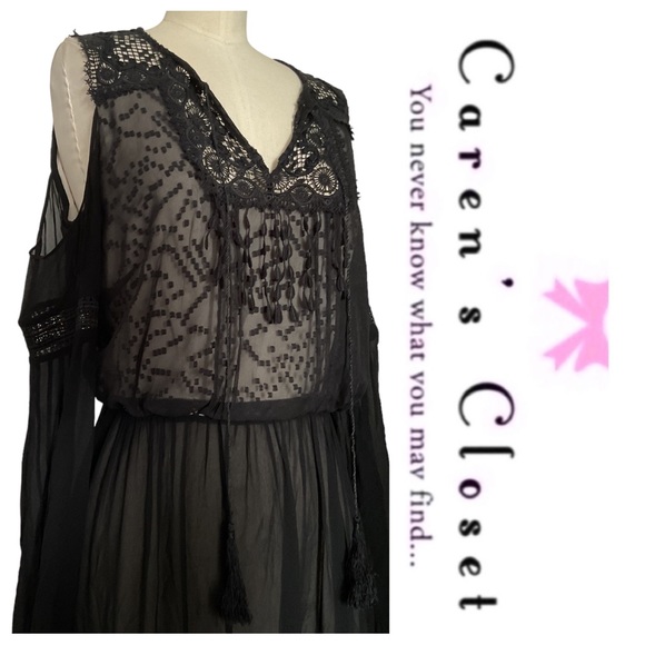 Karen Milan Black Chiffon Lace Cold Shoulder Midi Cocktail Dress - Picture 9 of 10